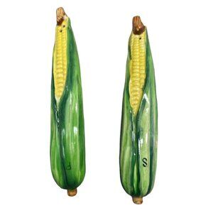 vintage salt & pepper shakers corn on the cob large yellow green ceramic READ